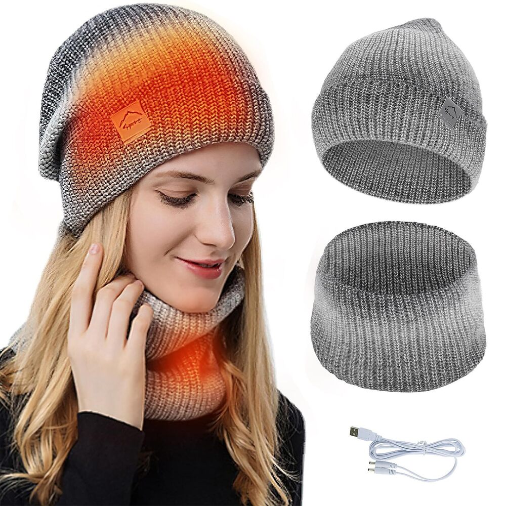 2072 USB Heated Hat and Scarf Set, Knit Beanie Hat Neck Warmer Soft Lined